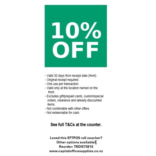Thermal Roll 57x38mm with a printed 10% discount voucher on the back (pack of 10) Thermal Roll 57x38mm with a printed 10% discount voucher on the back (pack of 10)
