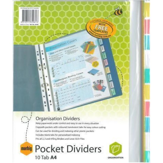 MARBIG DIVIDERS CLR POCKETS PP A4 10TAB