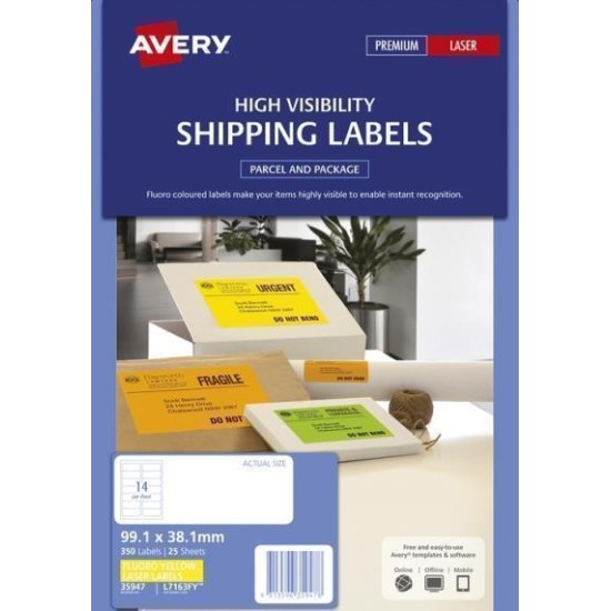 AVERY LABEL L7163-25FY YELLOW FLUORO 99.1X38.1MM 14UP 25 SHEETS