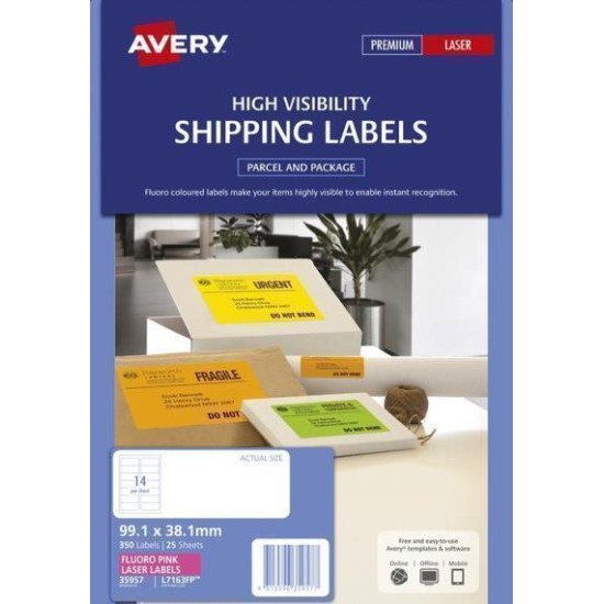 AVERY LABEL L7163-25FP PINK FLUORO 99.1X38.1MM 14UP 25 SHEETS