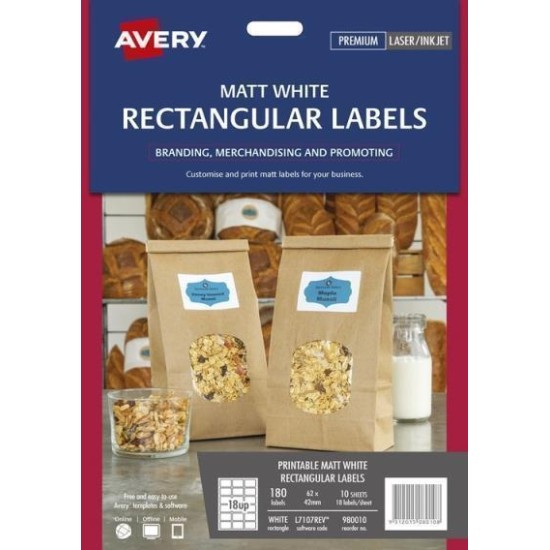 AVERY REMOVEABLE RECTANGULAR LABELS 10 SHEETS 18 UP WHITE  L7104REV