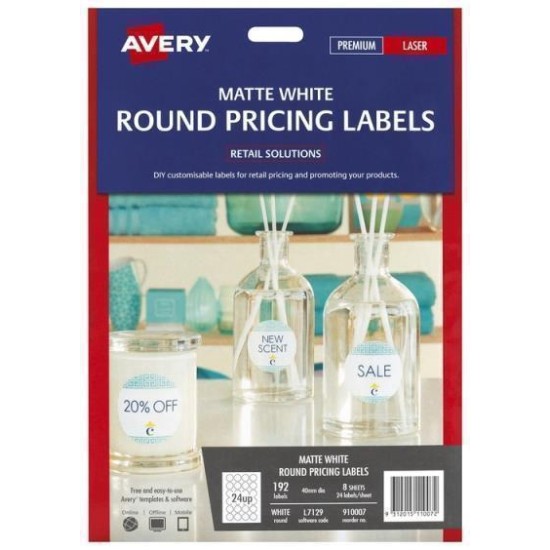 AVERY LABEL L7129 ROUND MATTE WHITE 40MM 24UP 8 SHEETS