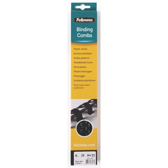 Fellowes Plastic Binding Coils 8mm Black, Pack of 25