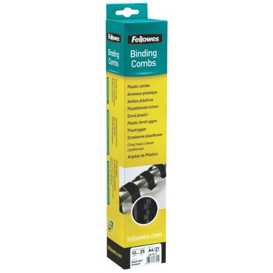 Fellowes Plastic Binding Coils 12mm Black, Pack of 25