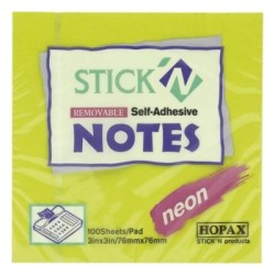 HOPAX STICK N NOTE NEON GREEN 76X76MM 100 SHEET PAD