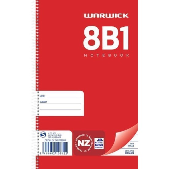 WARWICK NOTEBOOK 8B1 50 LEAF SPIRAL RULED 7MM 165X100MM