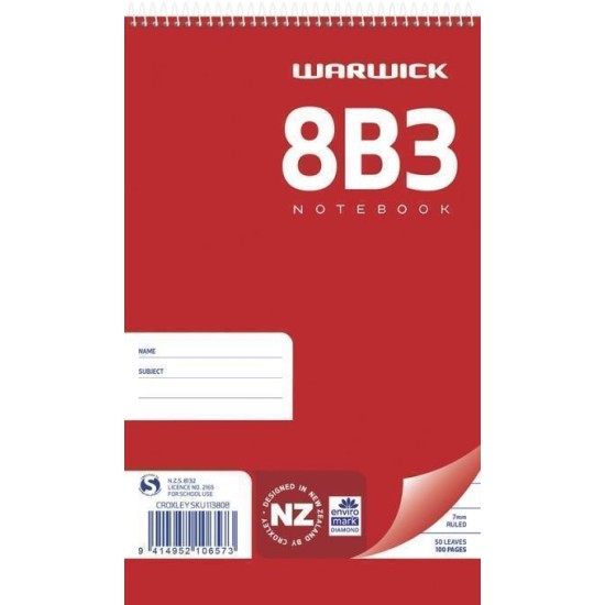 WARWICK NOTEBOOK 8B3 50 LEAF SPIRAL RULED 7MM 100X165MM