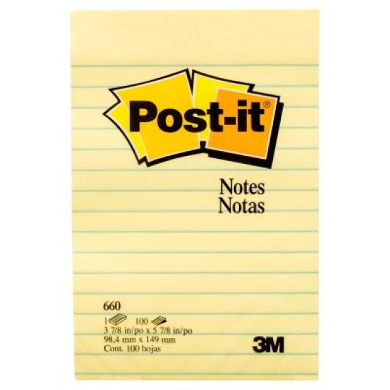 Post-it Lined Notes 660 101x152mm Yellow 100sh