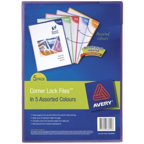 AVERY COLOUR LOCK FILES A4 ASSORTED PACK 5
