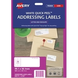 AVERY ADDRESSING LABELS L7163 WHITE 14 UP 40 SHEETS LASER 99.1X38.1MM QUICK PEEL POP UP