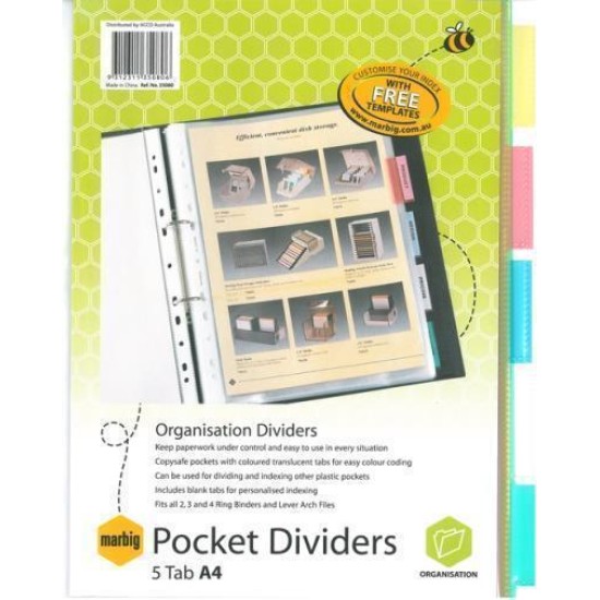 MARBIG DIVIDERS CLR POCKETS PP A4 5TAB