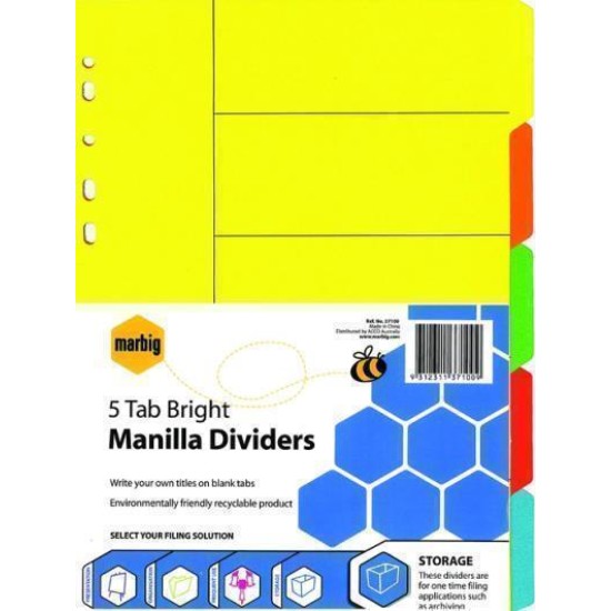 MARBIG DIVIDERS BRIGHTS MNLLA A4 5 TAB