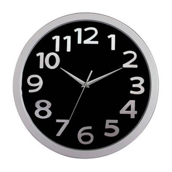 CARVEN WALL CLOCK BLK FCE SLVR NUM 330MM