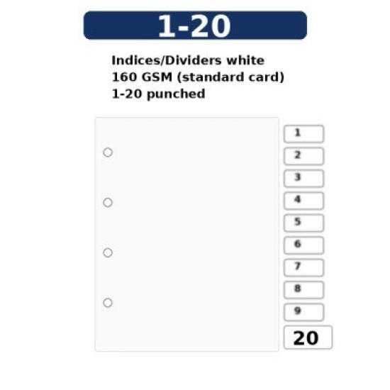 Indices/Dividers white 160 GSM (standard card) 1-20 punched