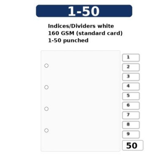 Indices/Dividers white 160 GSM (standard card) 1-50 punched