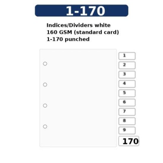 Indices/Dividers white 160 GSM (standard card) 1-170 punched