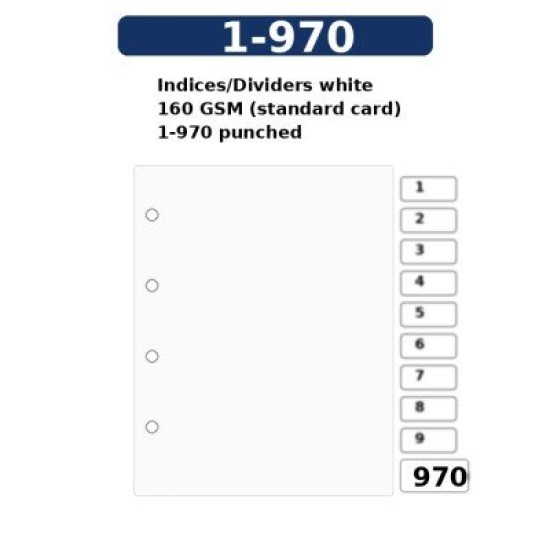 Indices/Dividers white 160 GSM (standard card) 1-970 punched