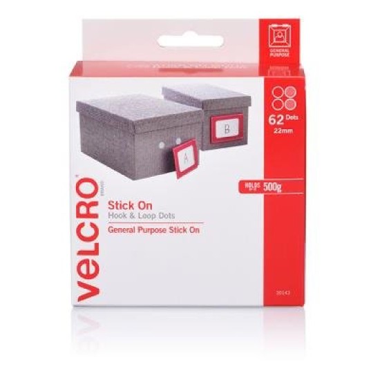 VELCRO SPOTS H&L 22MM 62 SPOT WHT DISP