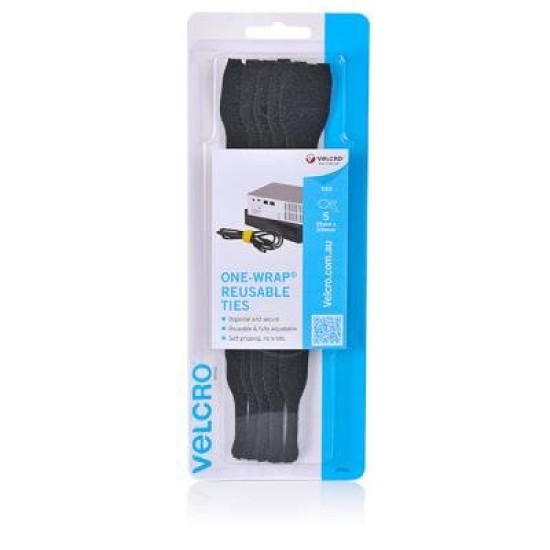 VELCRO REUSABLE TIES 25X200MM BLK PK5 HS