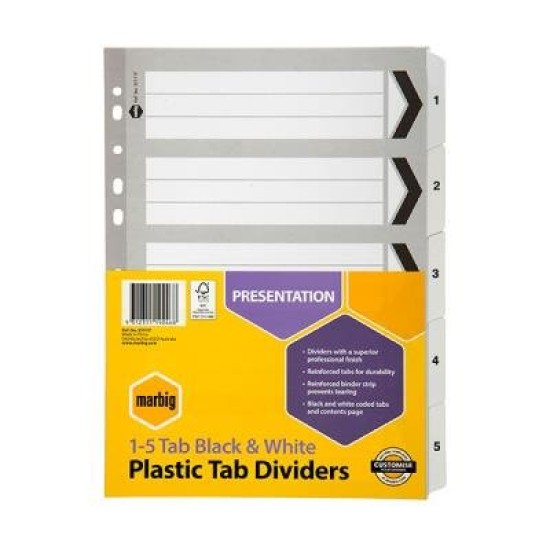 MARBIG DIVIDRS REINF BRD BLK/WHT A4 1-5TAB