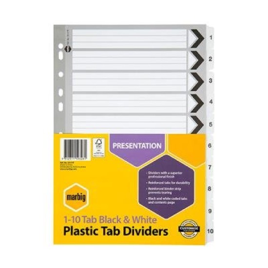 MARBIG DIVIDRS REINF BRD BLK/WHT A4 1-10TAB