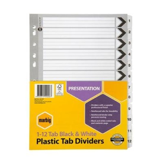 MARBIG DIVIDRS REINF BRD BLK/WHT A4 1-12TAB