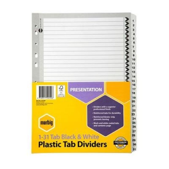 MARBIG DIVIDRS REINF BRD BLK/WHT A4 1-31TAB