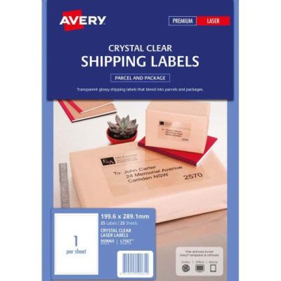 Avery Label L7567-25 Crystal Clear 199.6×289.1mm 25 Sheets