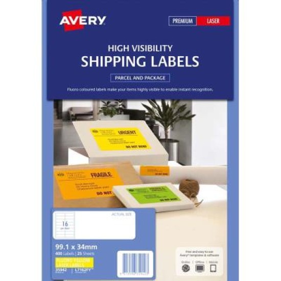 High Visibility Shipping Labels 99.1 x 34 mm, Laser, Fluoro Yellow