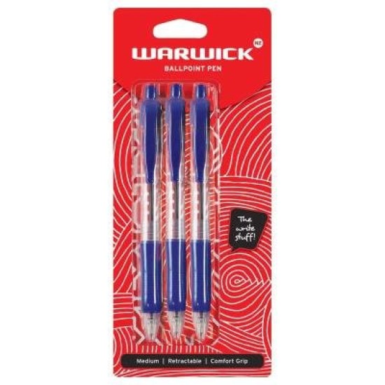 Warwick Pen Ballpoint Assorted Retractable Medium Comfort Grip 3 Pack