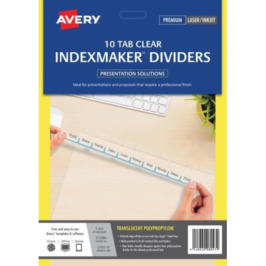 Avery Indexmaker A4 10 Tab Clear With Easy Apply Label L7455-10