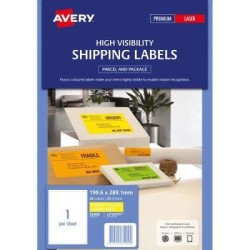 Avery Shipping Label L7167FY Fluoro Yellow 1 Up 25 Sheets Laser 199.6x289.1mm