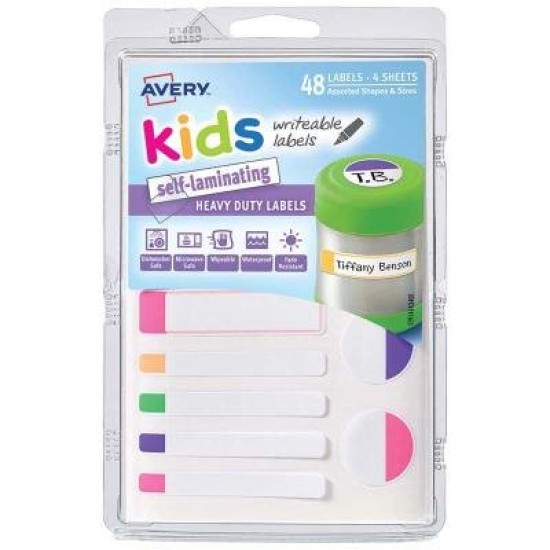 Avery Label Kids Self Laminating Bright Assorted Size And Shape 12up 4 Sheets