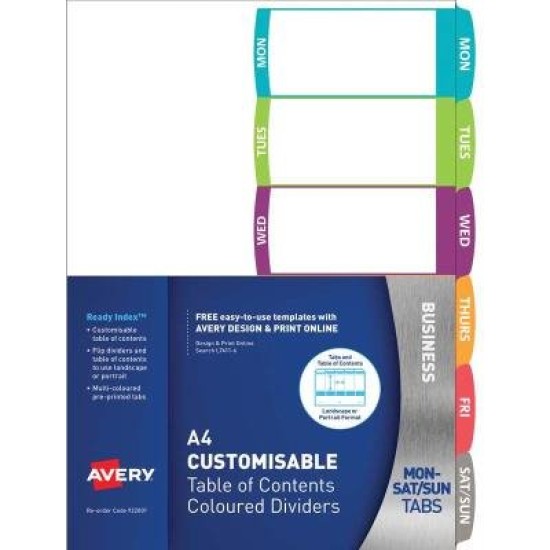 Avery Customisable Table Of Contents A4 Days Of Week 6 Tab Coloured FSC Mix Credit