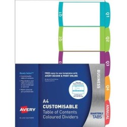 Avery Customisable Table Of Contents A4 Quarterly 5 Tabs Coloured FSC Mix Credit
