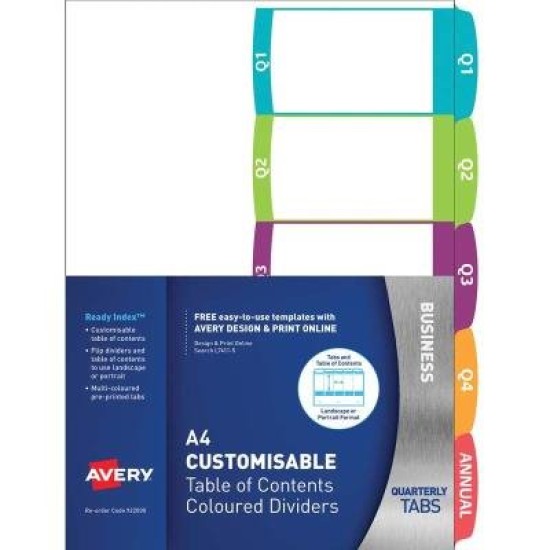 Avery Customisable Table Of Contents A4 Quarterly 5 Tabs Coloured FSC Mix Credit