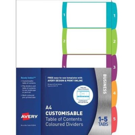 Avery Customisable Table Of Contents A4 1-5 Tabs Coloured FSC Mix Credit