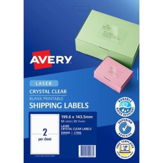Avery Shipping Label L7566 Crystal Clear 2up 25/Pk 199.6x143.5mm