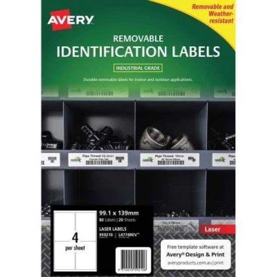 Avery Weather Resistant Label L4774 White 4 Up 20 Sheets Laser 99.1x139mm Removable