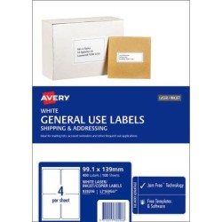 Avery Label L7169 General Use A4 4/Sheet FSC Mix Credit 100 Sheets