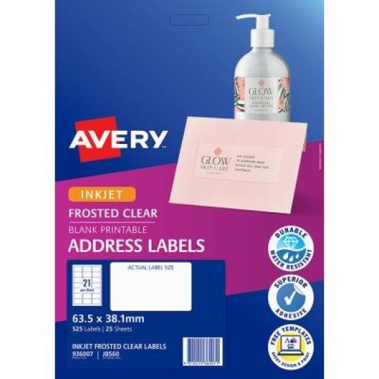 Avery Label Permanent J8560 Frosted Clear 21 Up 25 Sheets Inkjet 63.5mmx38.1mm