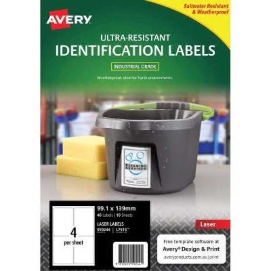 Avery Ultra Resistant ID Label L7915 White 4 Up 10 Sheets Laser 99.1x139mm