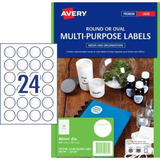 Avery L6112C Crystal Clr Round - 24Up 40mm D 10/Pk