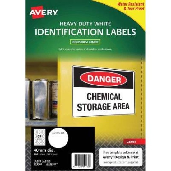Avery Heavy Duty ID Label L6112 White 24 Up 10 Sheets Laser 40mm