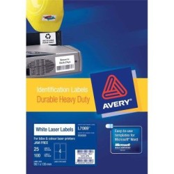 Avery Heavy Duty ID Label L7069 White 4 Up 25 Sheets Laser 99.1x139mm