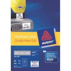 Avery Heavy Duty ID Label L6011 Silver 27 Up 20 Sheets Laser 63.5x29.6mm