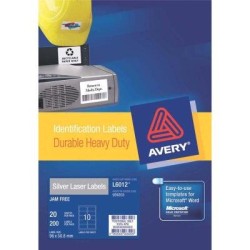 Avery Heavy Duty ID Label L6012 Silver 10 Up 20 Sheets Laser 96x50.8mm