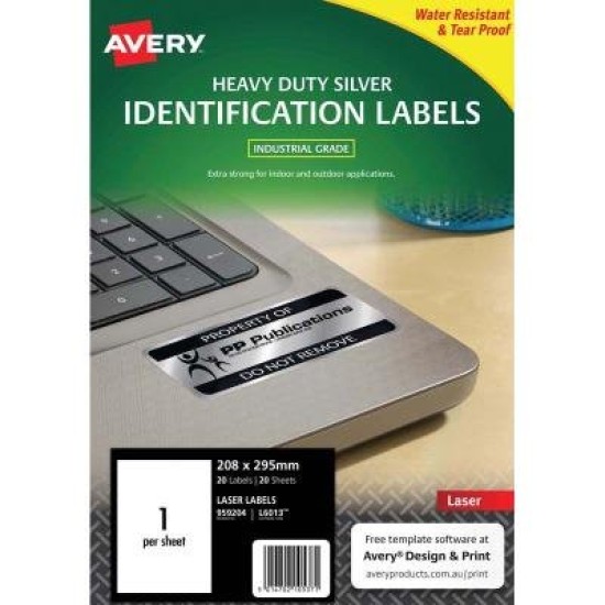 Avery Heavy Duty ID Label L6013 Silver 1 Up 20 Sheets Laser 199.6x289.1mm