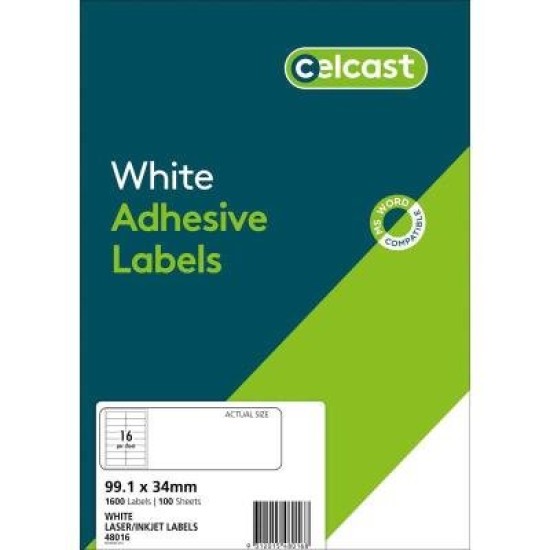 Celcast Labels A4 16 Up 99.1 X 34mm FSC Mix Credit 100 Sheet