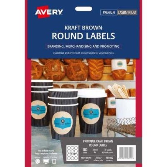 Avery Label L7106 Round Kraft 60mm 12up FSC Mix 70% 15 Sheets